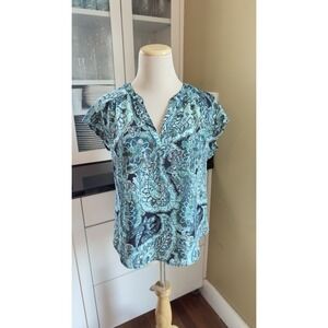 Women Banana Republic Green Paisley Design V-Neck Pullover Polyester Blouse XS